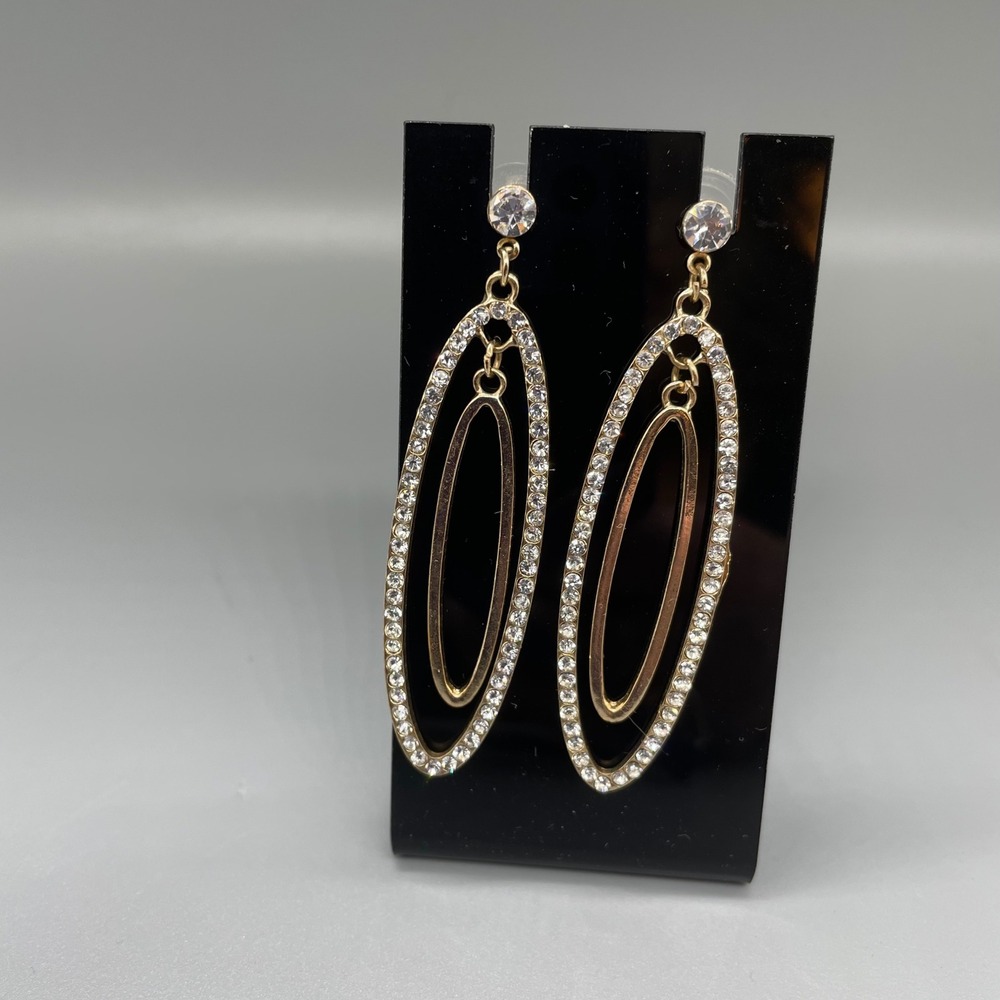 Gold Tone Rhinestone Double Oval Drop‎ Earrings Tiered Statement Dangles Womens